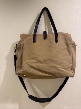 Cuyana Brown Canvas Triple Zipper Weekender Travel Bag